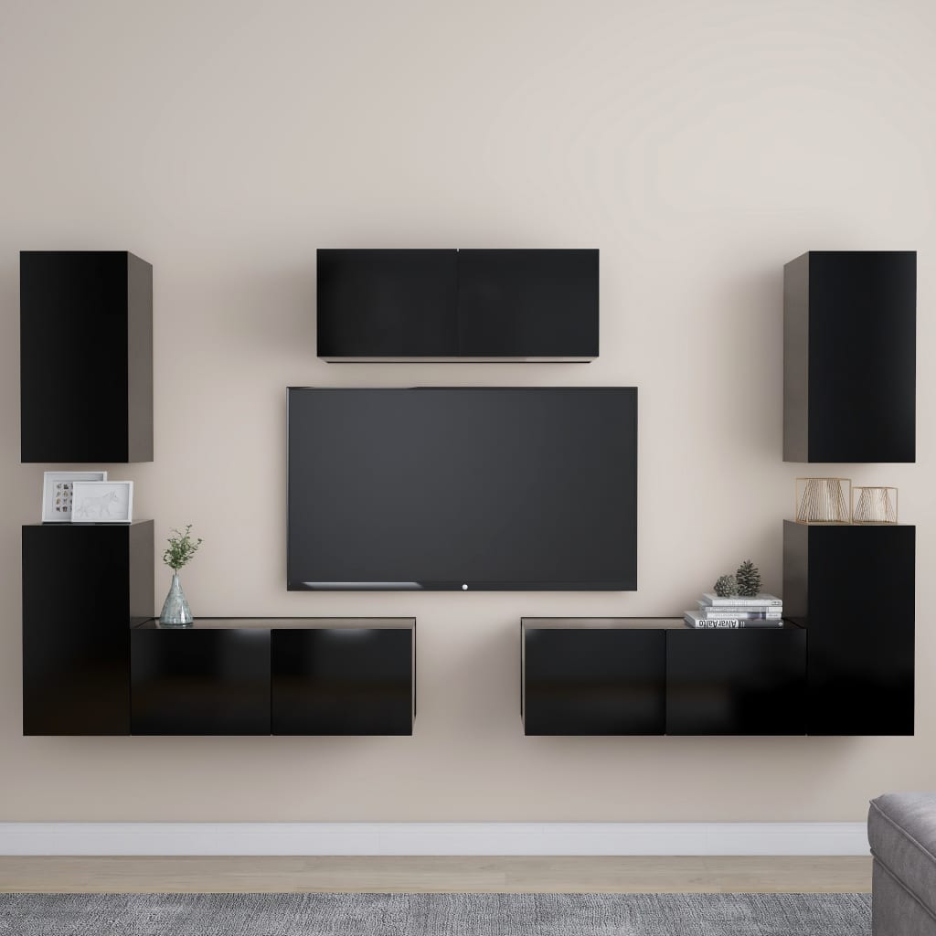 vidaXL Set de muebles de salón TV 7 piezas madera ingeniería negro