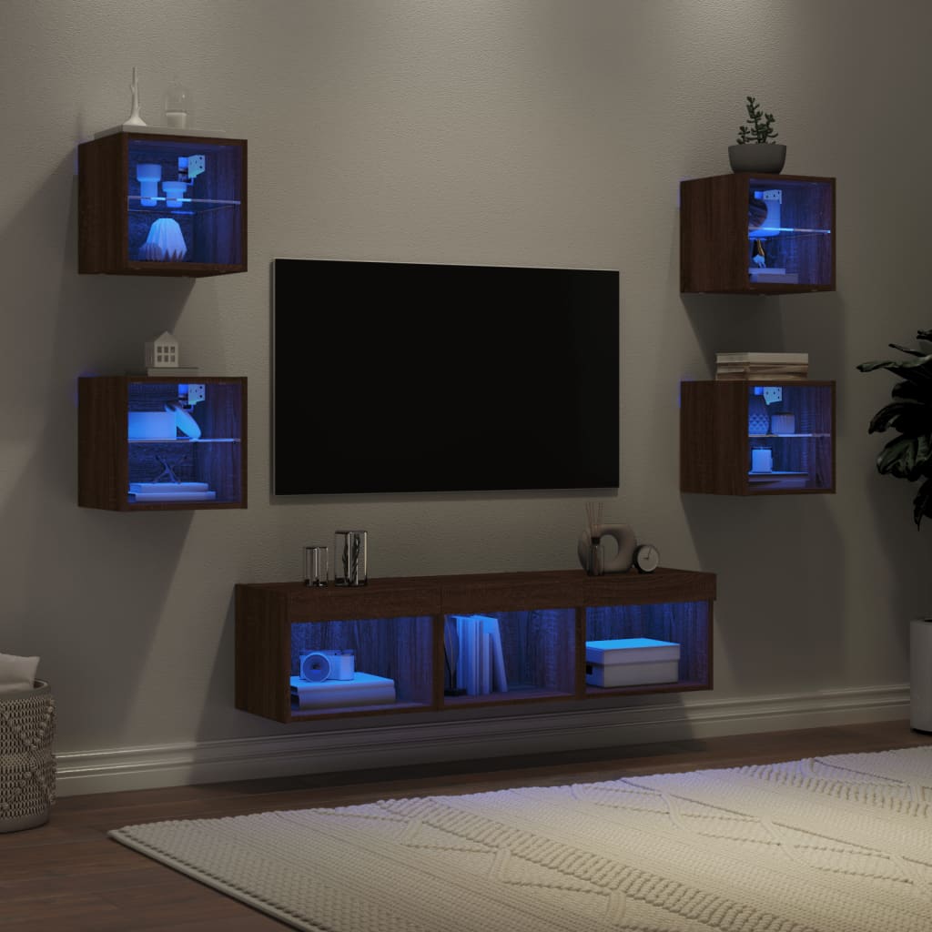 vidaXL Muebles TV pared con LED 7 pzas madera ingeniería marrón roble