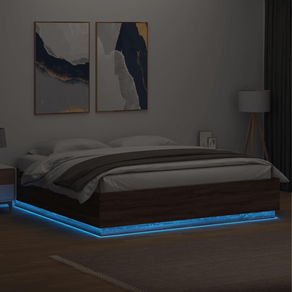 vidaXL Estructura cama con luces LED madera marrón roble 180x200 cm