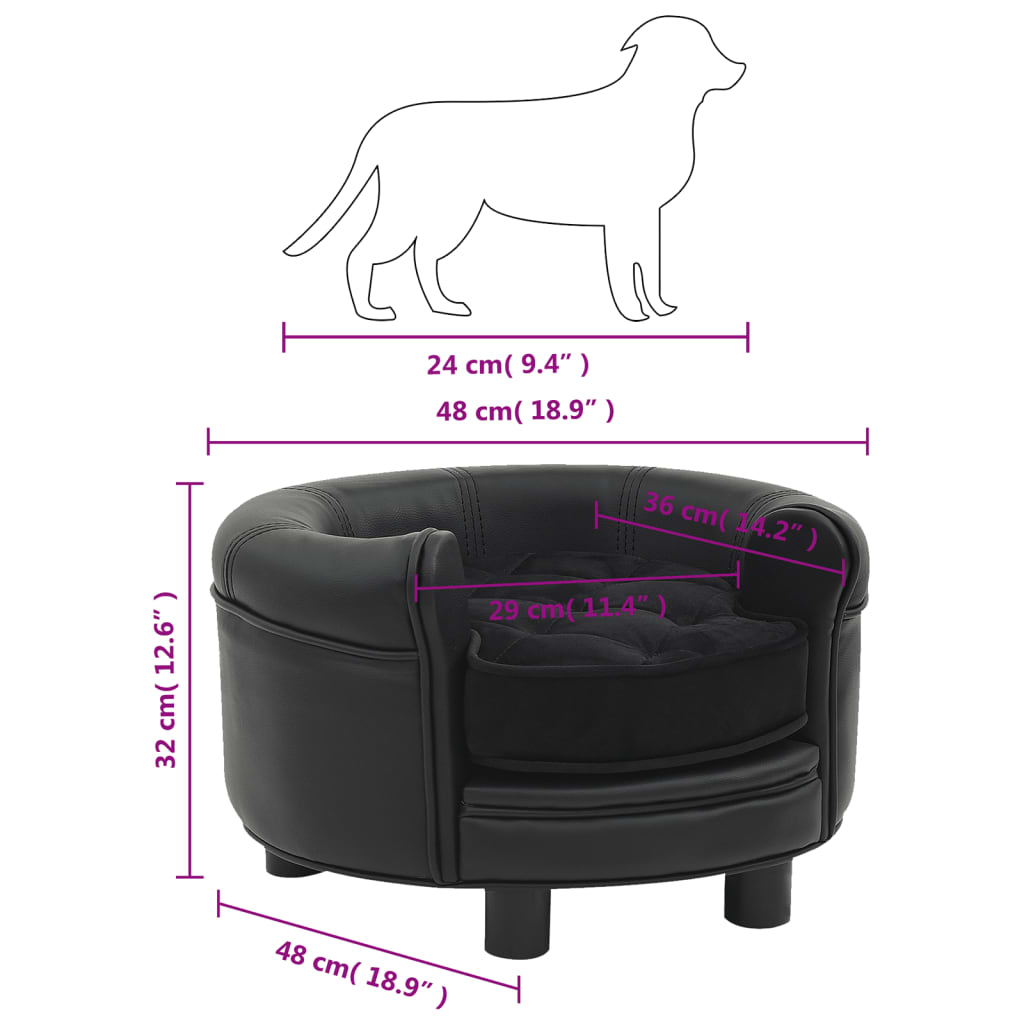 vidaXL Sofá para perros felpa y cuero sintético negro 48x48x32 cm