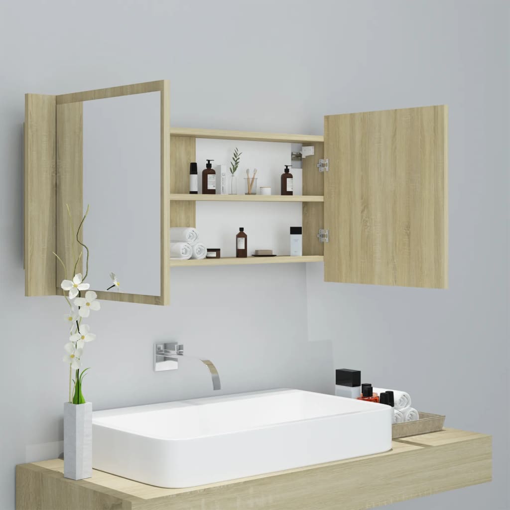 vidaXL Armario espejo de baño con luz LED roble Sonoma 100x12x45 cm