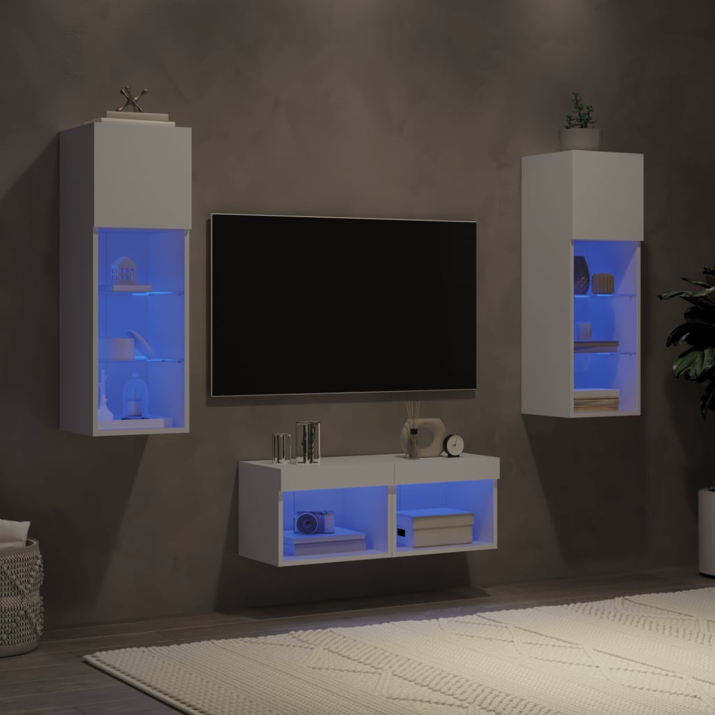 vidaXL Muebles de TV de pared con luces LED 4 piezas blanco