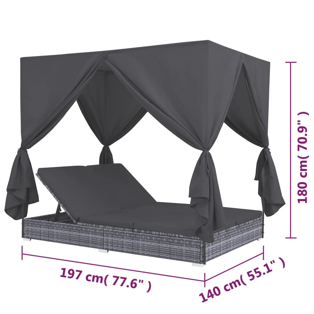 vidaXL Tumbona cama con cortinas de ratán sintético gris