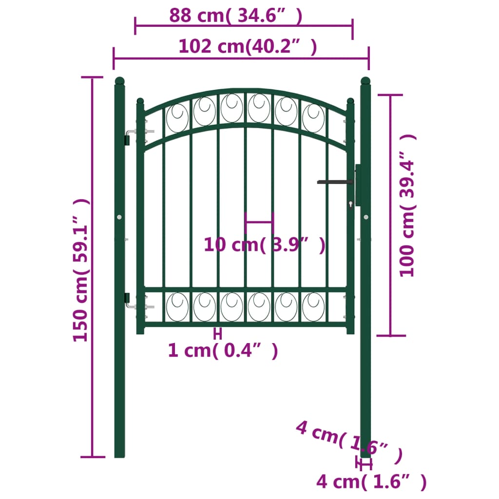 vidaXL Puerta de jardín con arco superior acero verde 100x100 cm