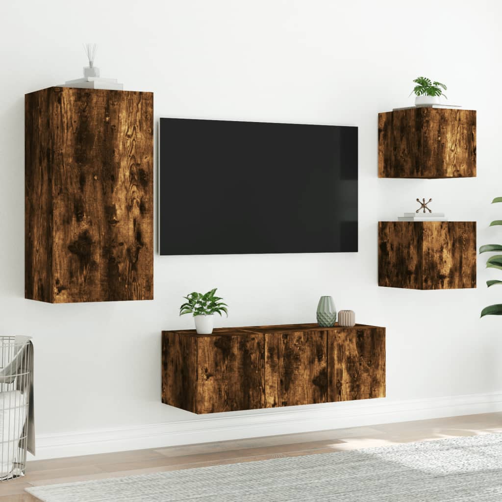 vidaXL Muebles TV pared con LED 5 pzas madera ingeniería roble ahumado