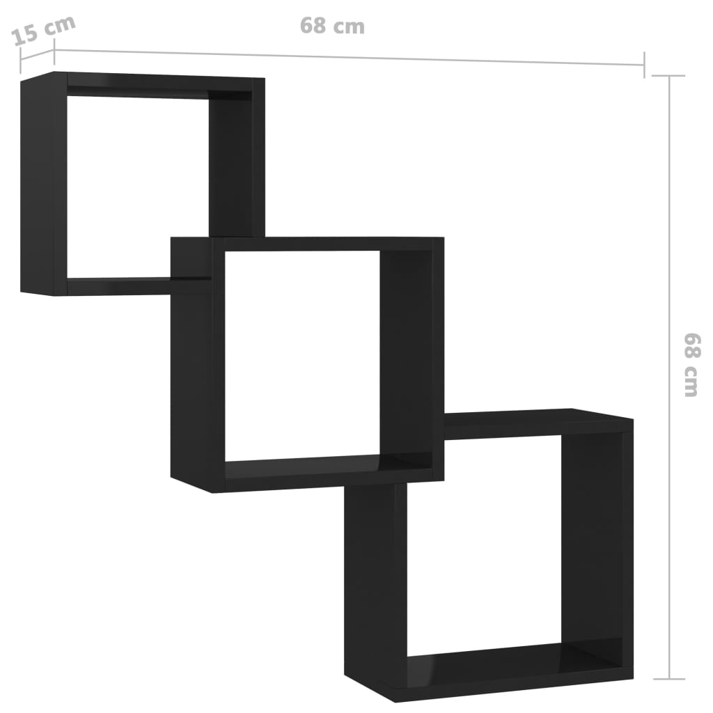 vidaXL Estante pared de cubo contrachapada negro brillo 68x15x68 cm