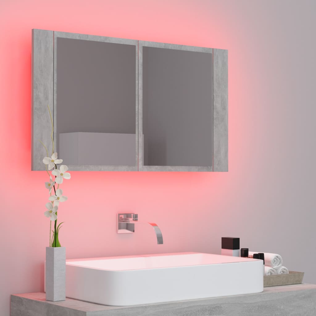 vidaXL Armario espejo baño luz LED acrílico gris hormigón 80x12x45 cm
