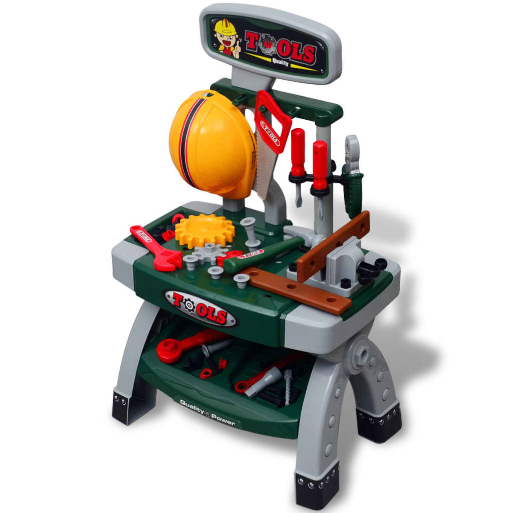 Mesa de trabajo de juguete para niños con herramientas (Verde + Gris)