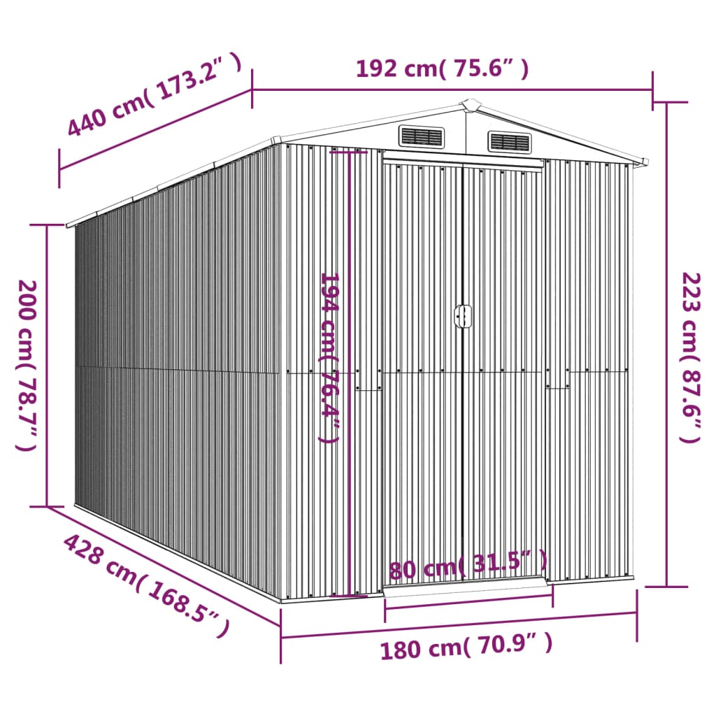 vidaXL Cobertizo de jardín acero galvanizado antracita 192x440x223 cm