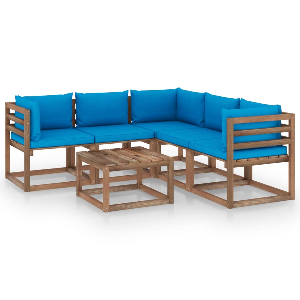 vidaXL Set de muebles de jardín 6 pzs madera impregnada cojines azul