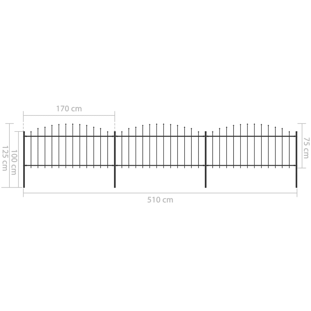 vidaXL Valla de jardín con puntas de lanza acero negro (0,5-0,75)x5,1m