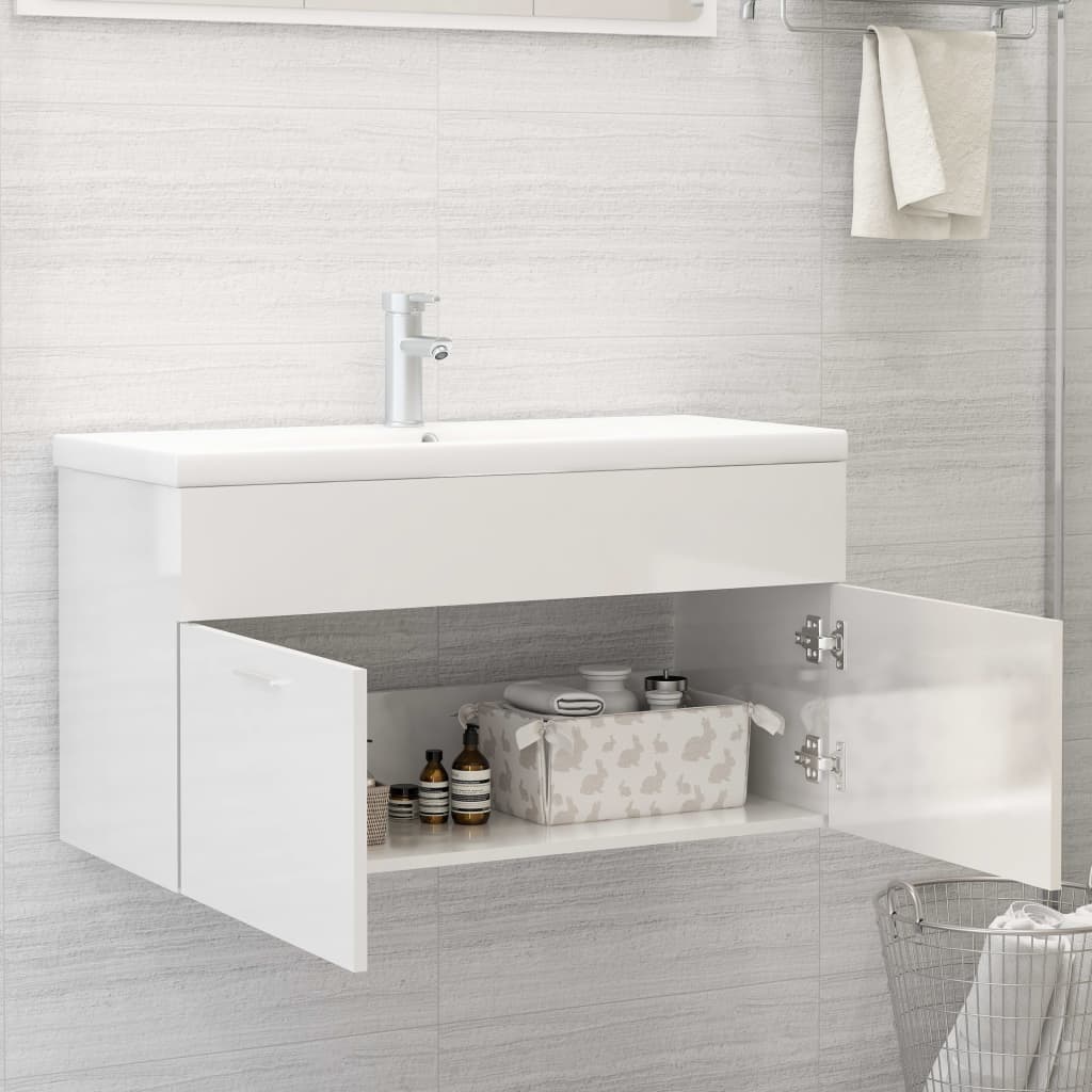 vidaXL Armario para lavabo contrachapada blanco brillo 90x38,5x46 cm