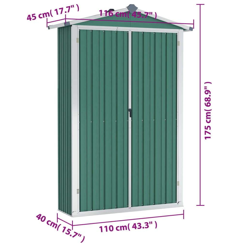 vidaXL Cobertizo de jardín acero galvanizado verde 116x45x175cm