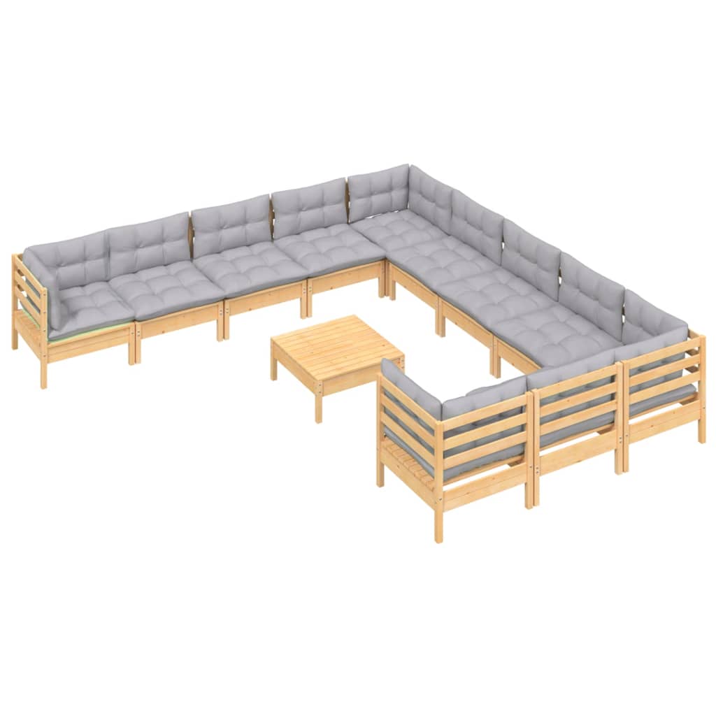 vidaXL Muebles de jardín 12 pzas y cojines madera de pino gris