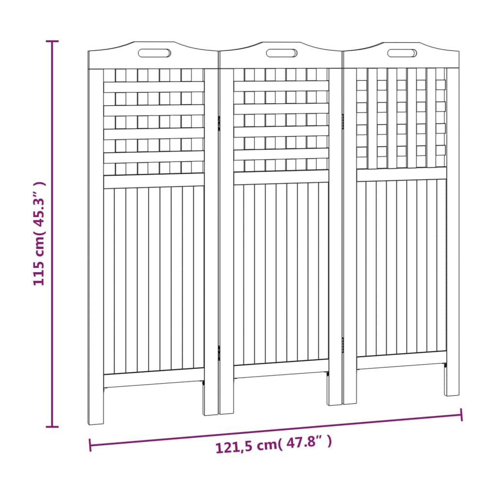 vidaXL Biombo de 3 paneles de madera maciza de acacia 121,5x2x115 cm