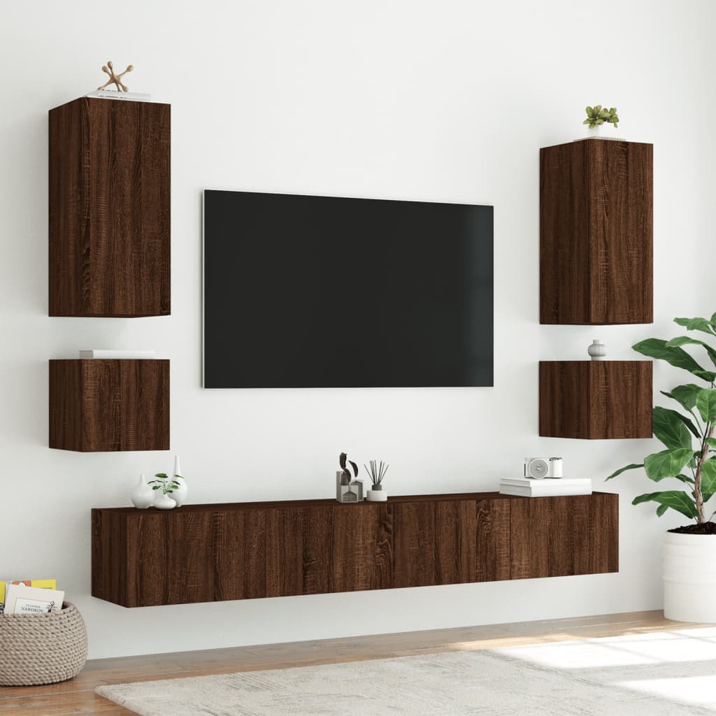 vidaXL Muebles de TV de pared con luces LED 6 piezas marrón roble