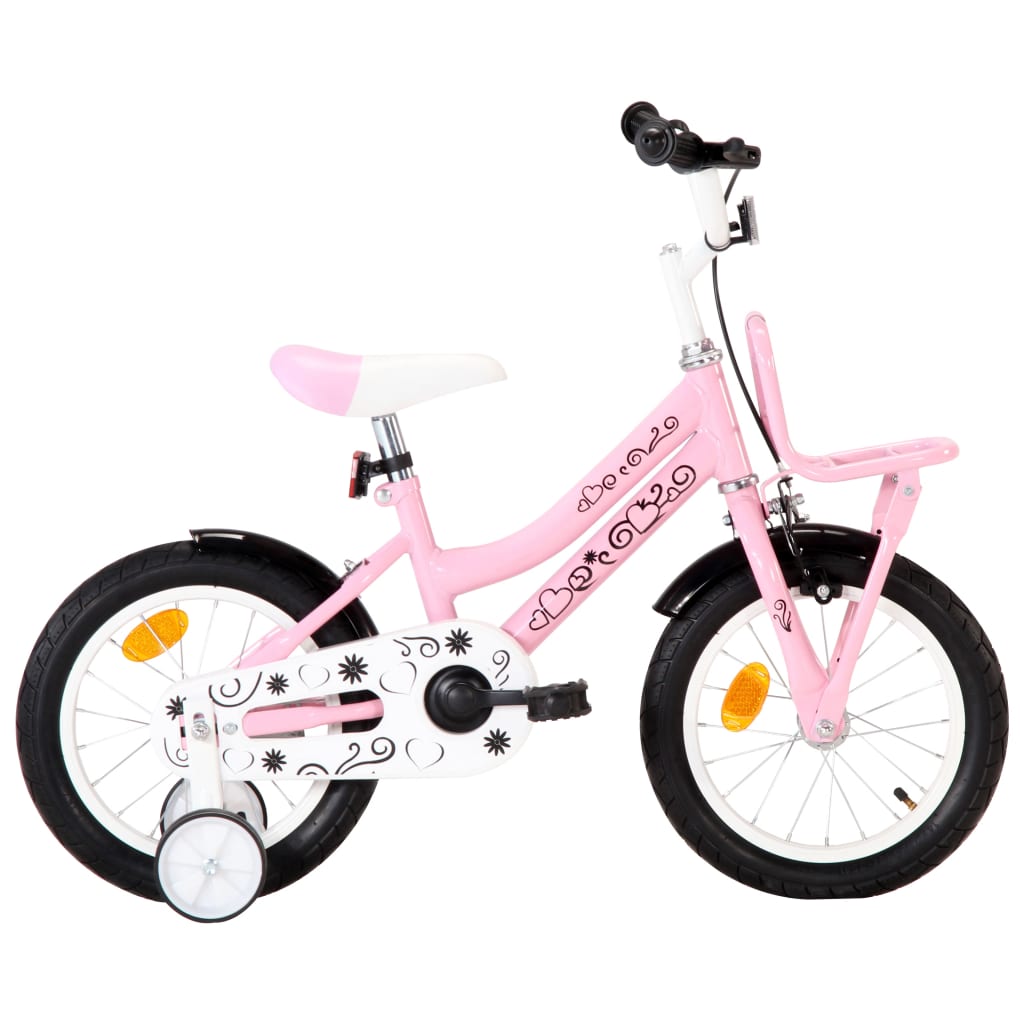 vidaXL Bicicleta niños y portaequipajes delantero 14" blanca y rosa