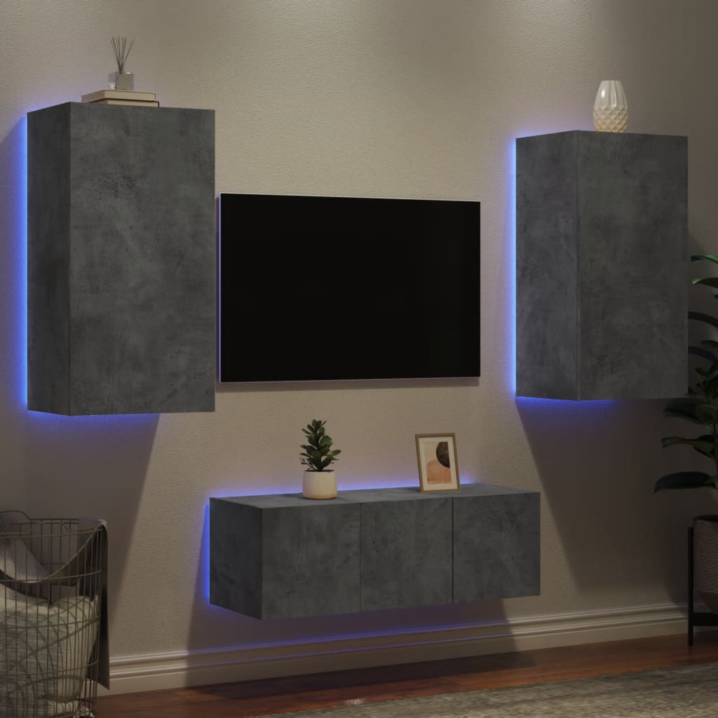 vidaXL Muebles TV pared con LED 4 pzas madera ingeniería gris hormigón
