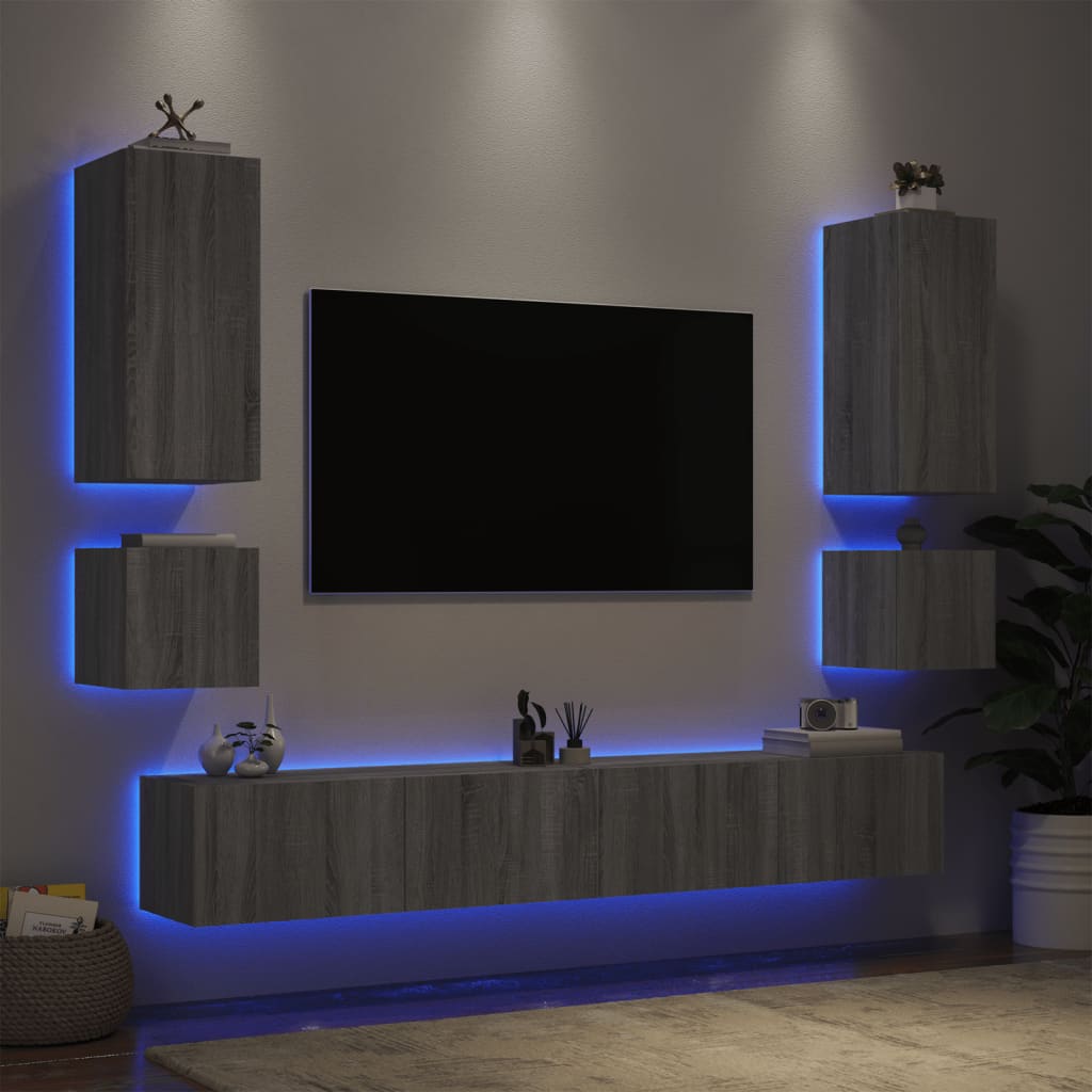 vidaXL Muebles de TV de pared con luces LED 6 piezas gris Sonoma