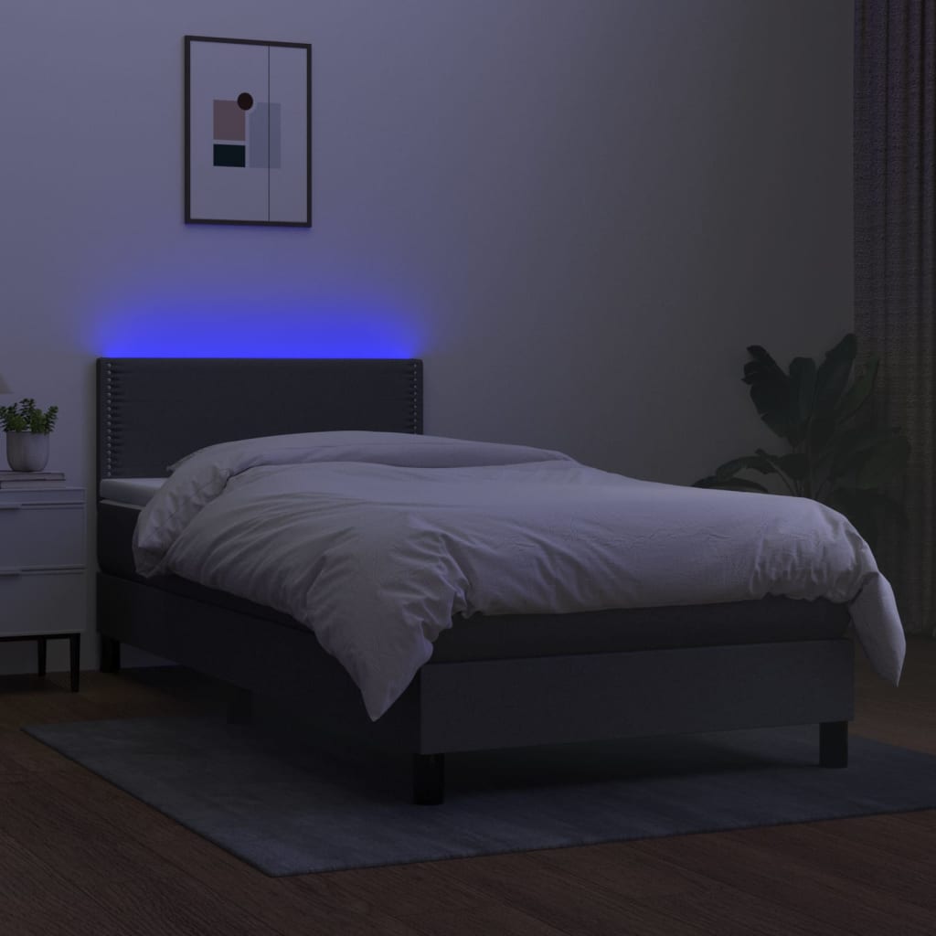 vidaXL Cama box spring colchón y luces LED tela gris oscuro 90x200 cm
