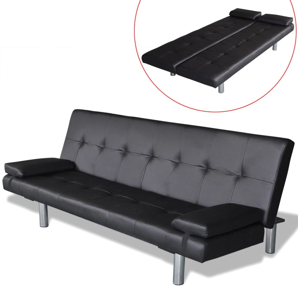 vidaXL Sofá cama con dos cojines cuero artificial ajustable negro