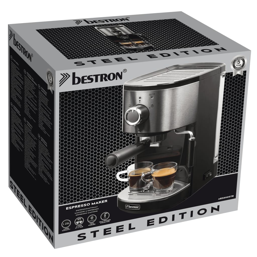 Bestron Cafetera espresso AES800STE acero inoxidable 1450 W 1,25 L