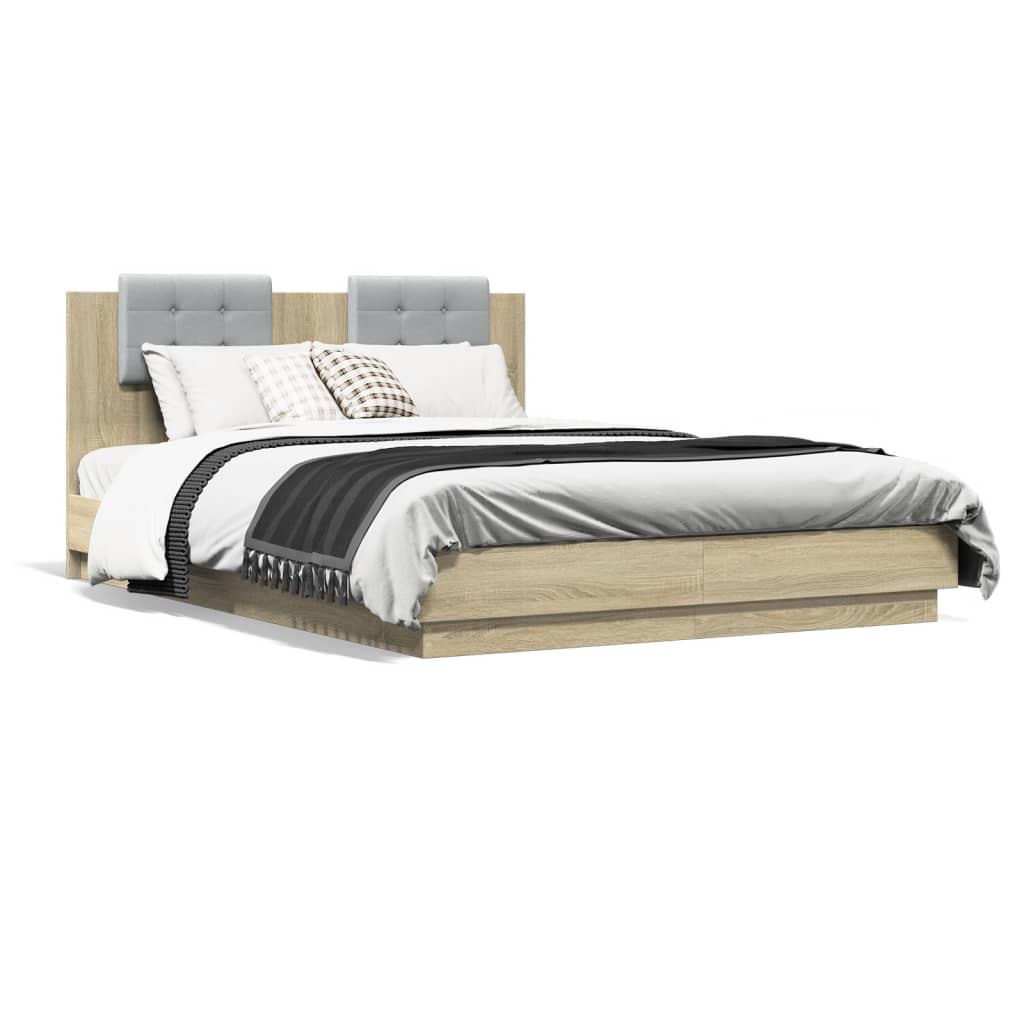 vidaXL Estructura de cama cabecero luces LED roble Sonoma 150x200 cm
