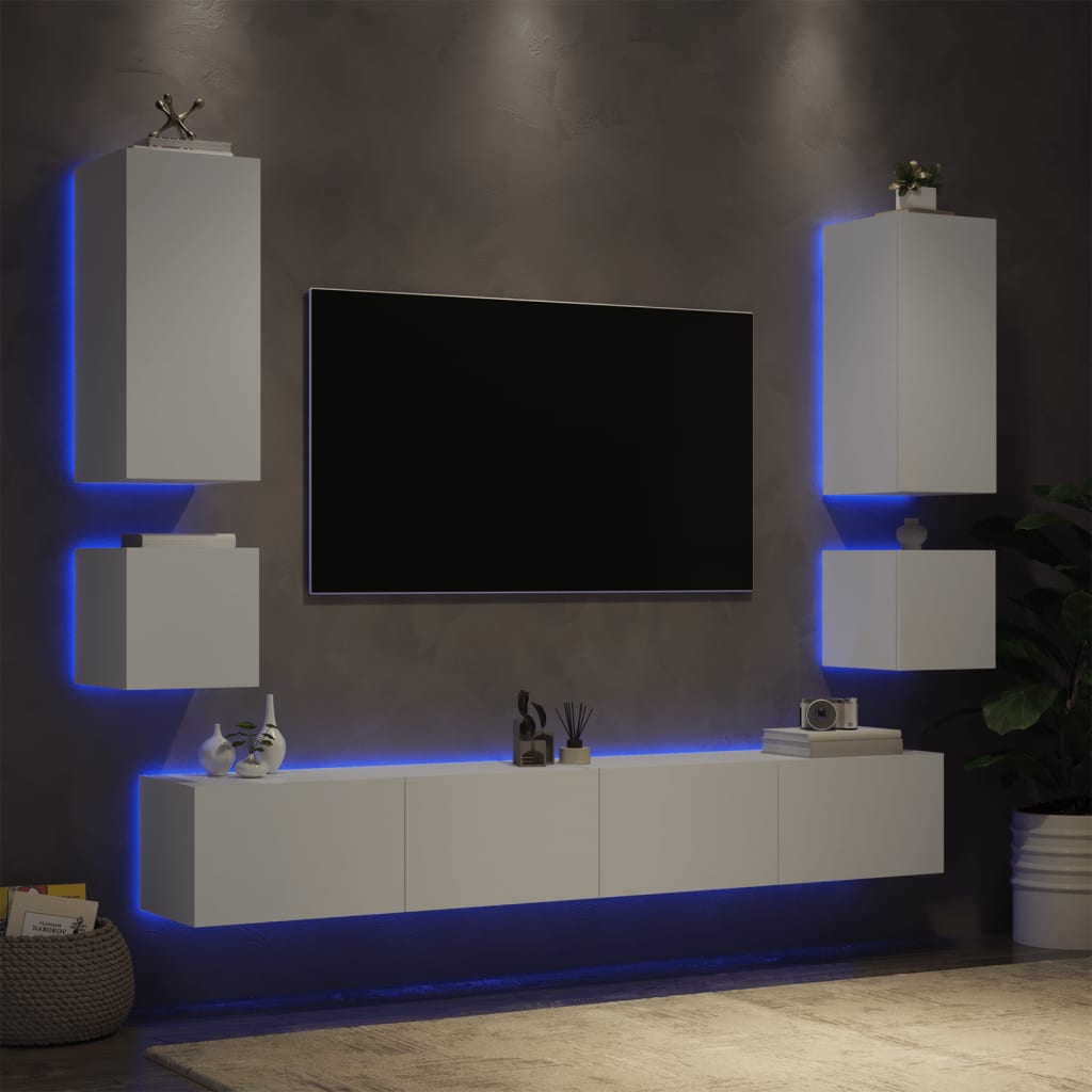 vidaXL Muebles de TV de pared con luces LED 6 piezas blanco