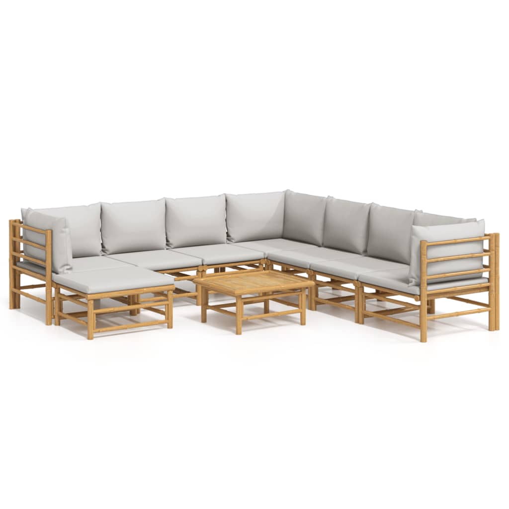 vidaXL Set de muebles de jardín 9 piezas bambú y cojines gris claro