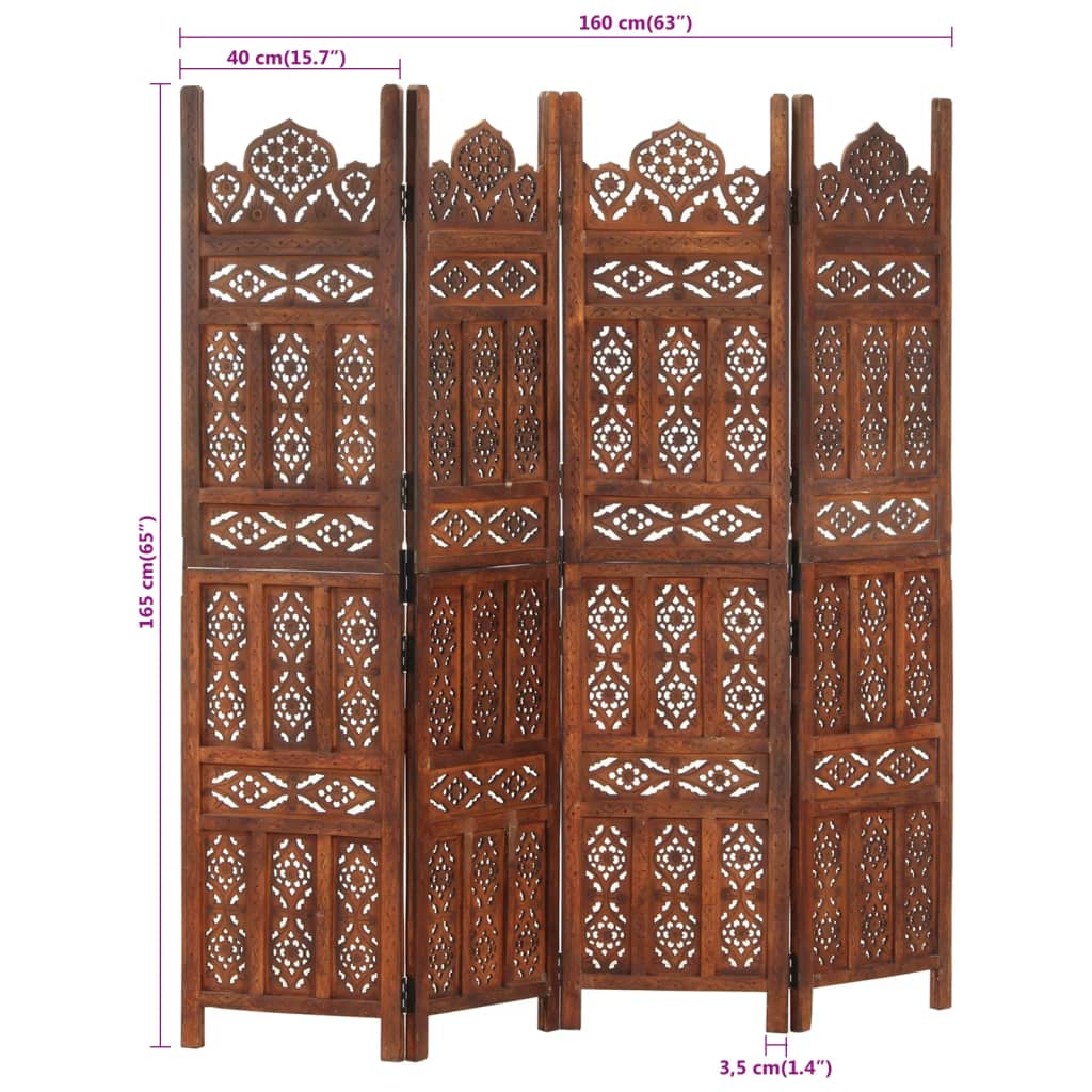 vidaXL Biombo 4 paneles tallado a mano madera mango marrón 160x165 cm