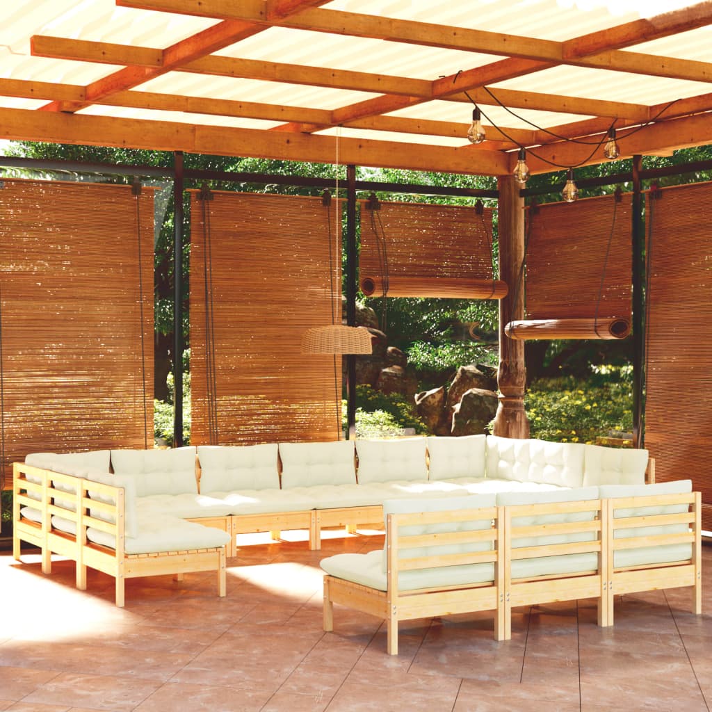 vidaXL Muebles de jardín 13 pzas y cojines madera maciza de pino crema
