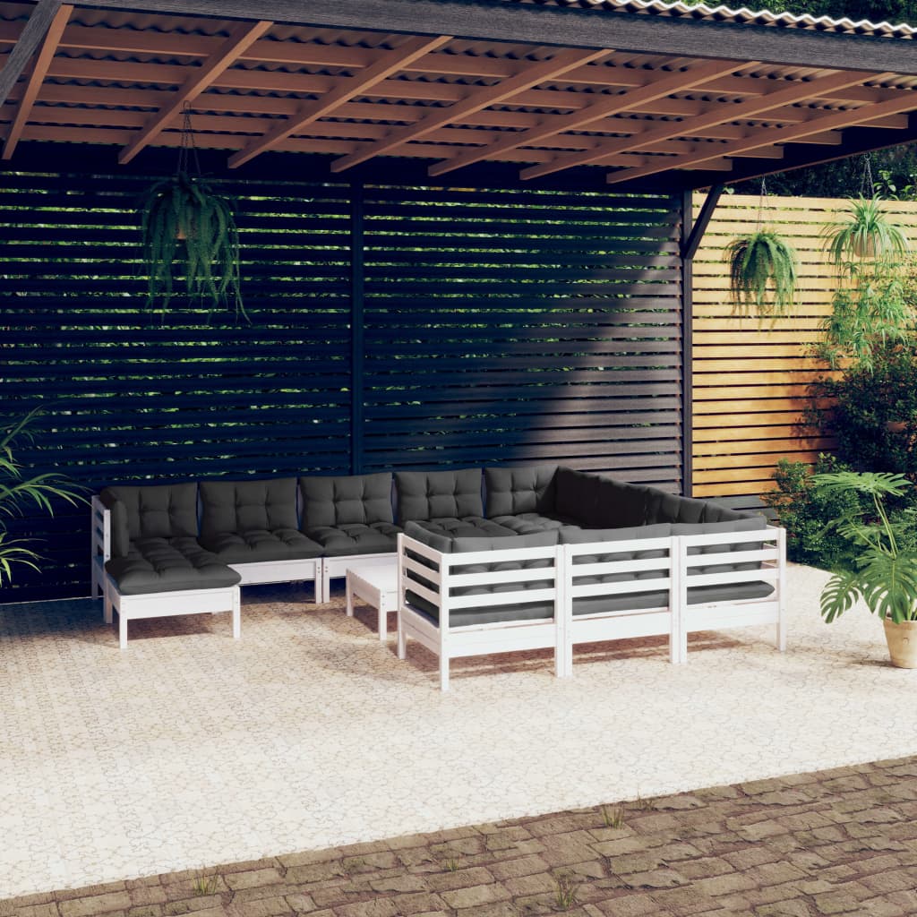vidaXL Muebles de jardín 12 pzas con cojines blanco madera de pino