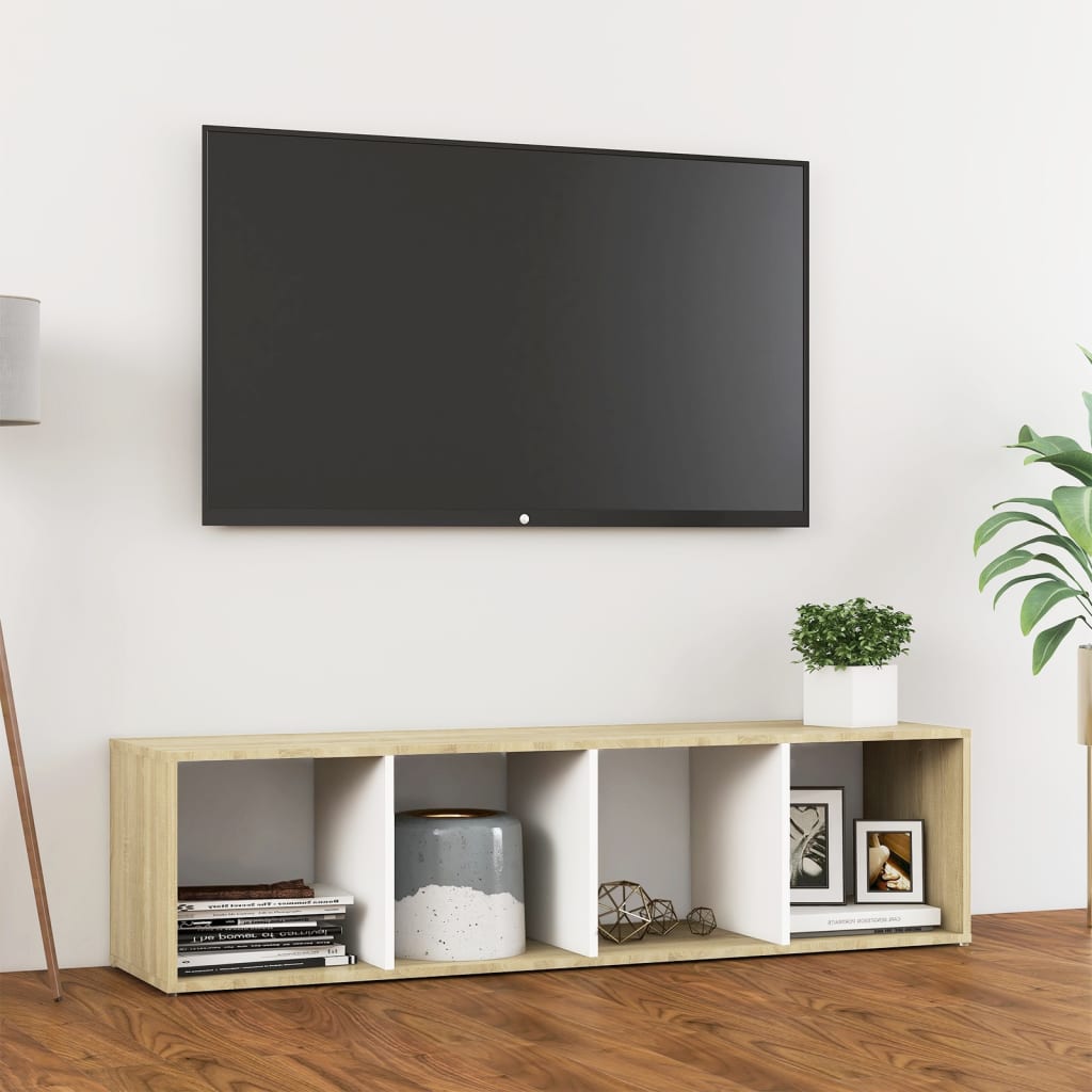 vidaXL Mueble TV madera contrachapada blanco y roble 142,5x35x36,5 cm