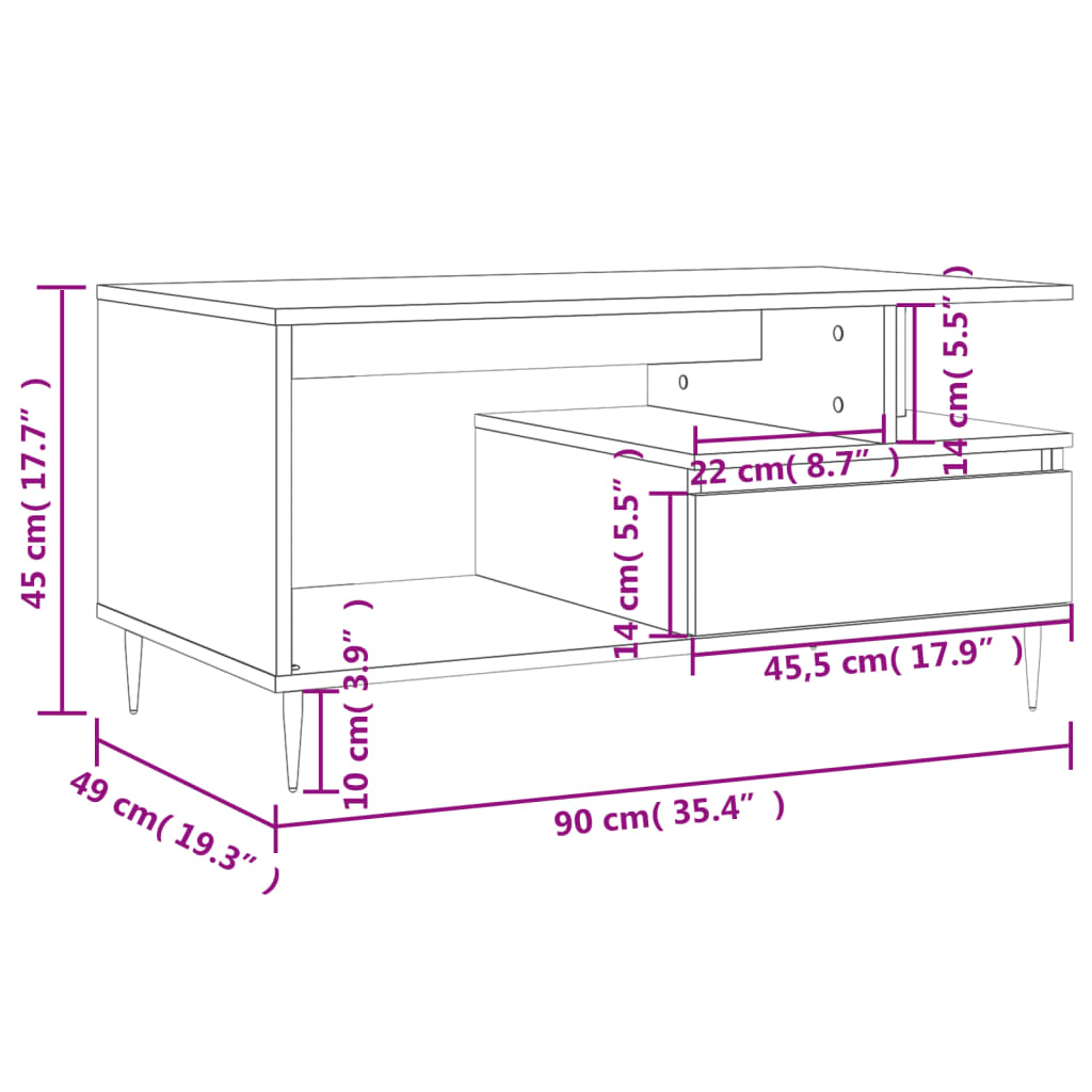 vidaXL Mesa de centro madera contrachapada blanca 90x49x45 cm