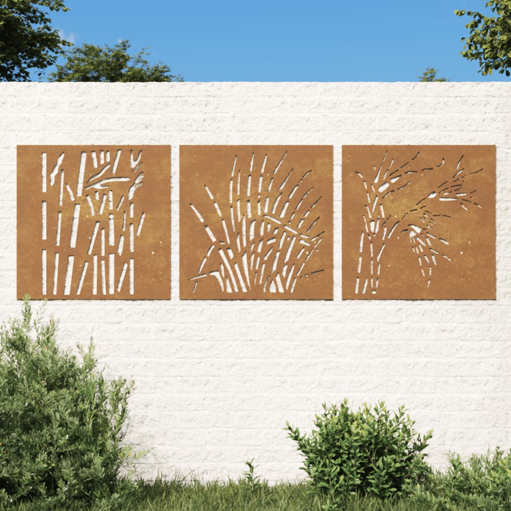 vidaXL Adorno pared jardín 3 uds acero corten diseño hierba 55x55 cm