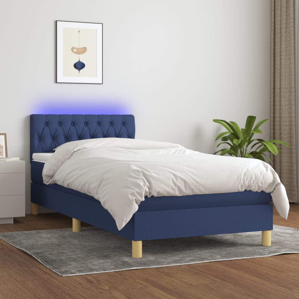 vidaXL Cama box spring con colchón y LED tela azul 90x200 cm
