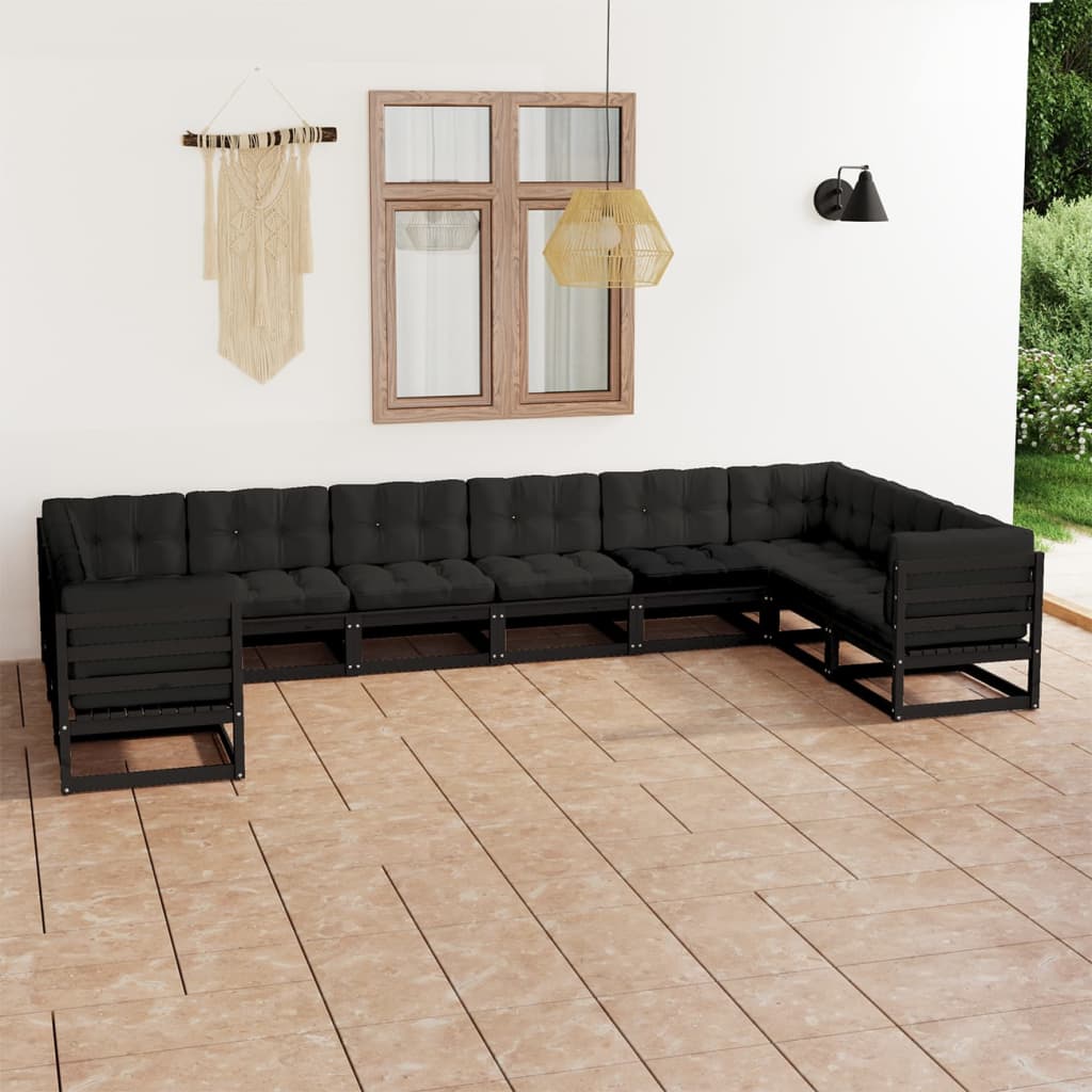 vidaXL Set de muebles de jardín 10 pzas con cojines madera pino negro
