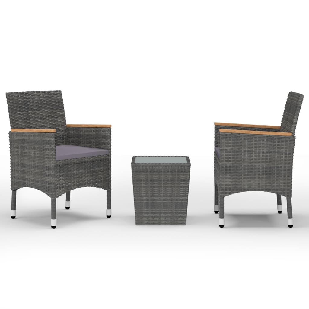vidaXL Mesa y sillas de jardín 3 pzas ratán PE y vidrio templado gris