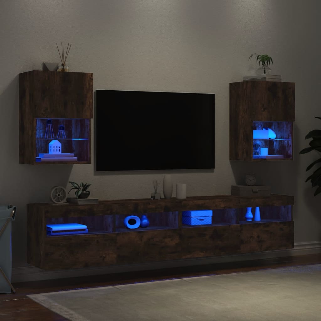 vidaXL Muebles de TV con luces LED 2 uds roble ahumado 40,5x30x60 cm