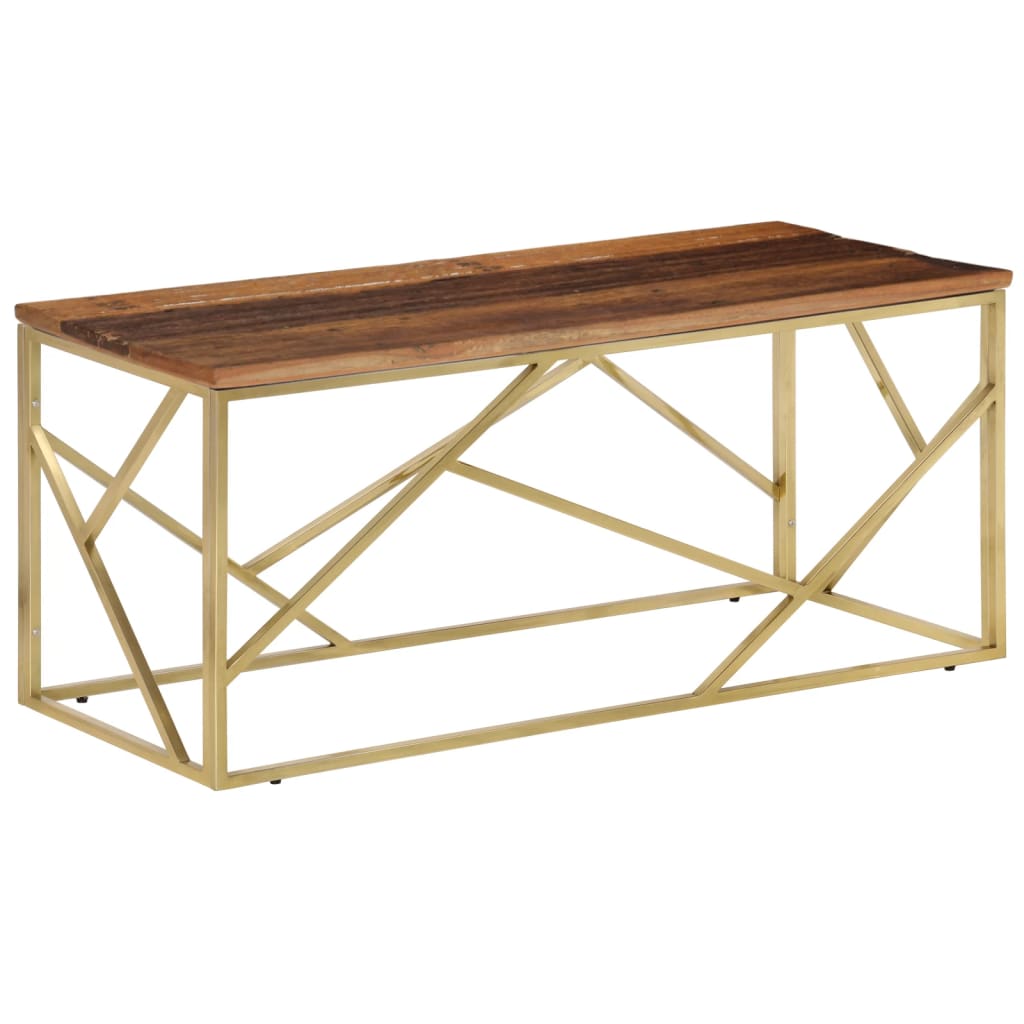 vidaXL Mesa de centro de acero inoxidable dorado y madera maciza