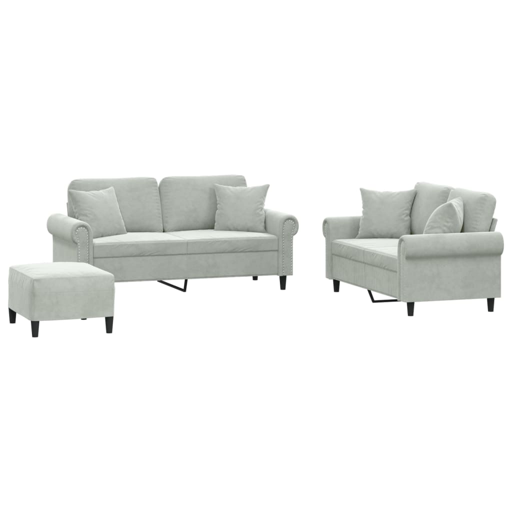 vidaXL Juego de sofás con cojines 3 piezas terciopelo gris claro