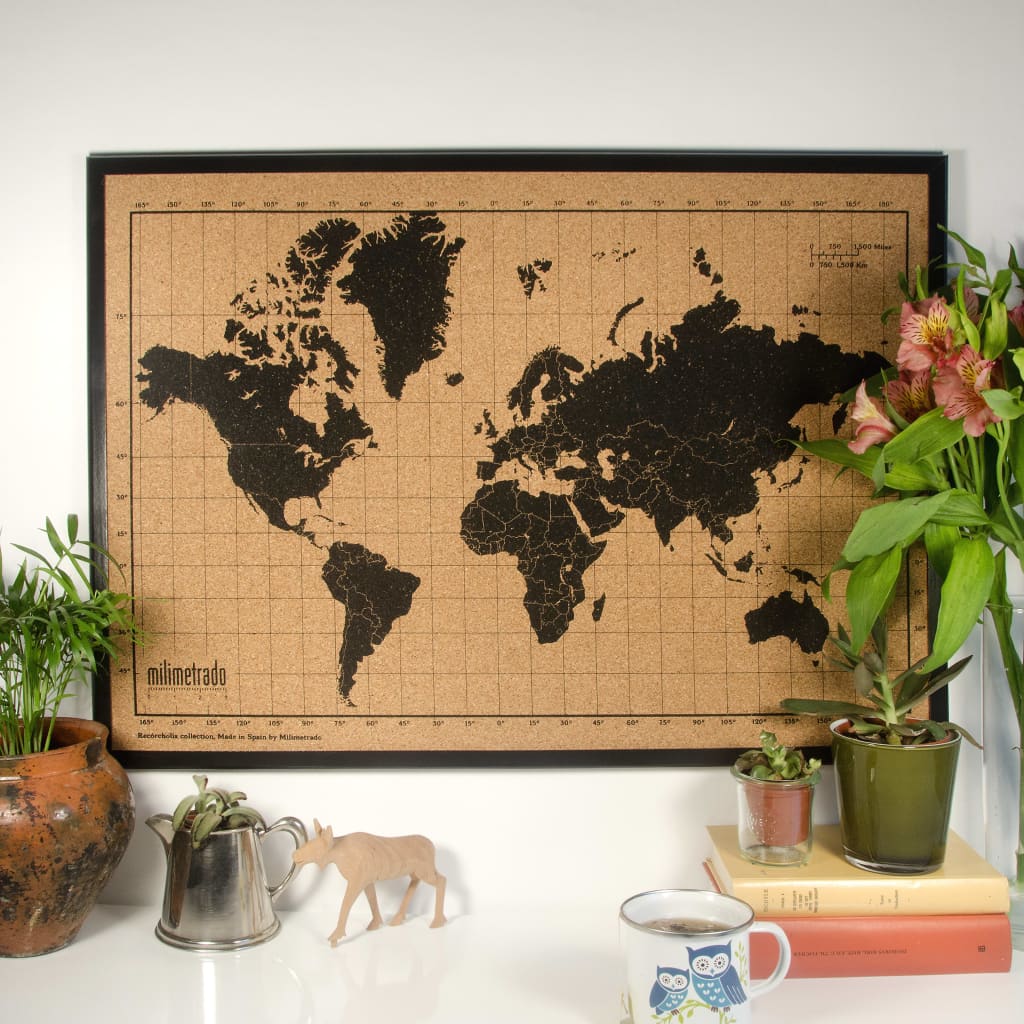 milimetrado Corcho con mapamundi y marco madera negro y marrón 70x50cm