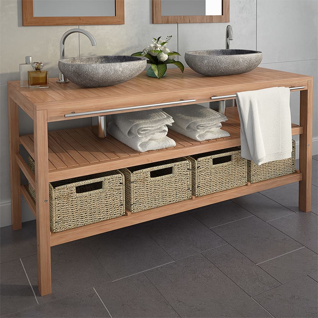 vidaXL Mueble lavabo tocador madera teca maciza 4 cestas 132x45x75 cm