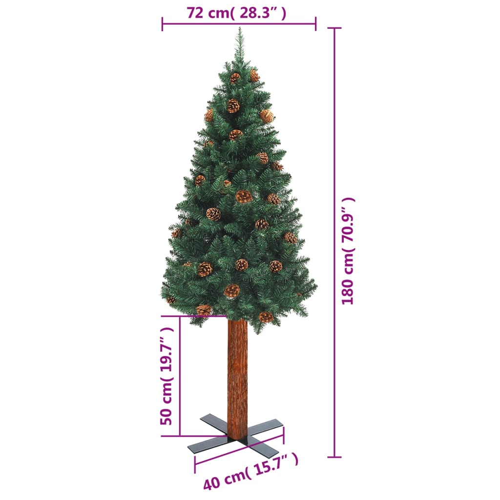vidaXL Árbol de Navidad delgado madera auténtica y piñas PVC 180 cm