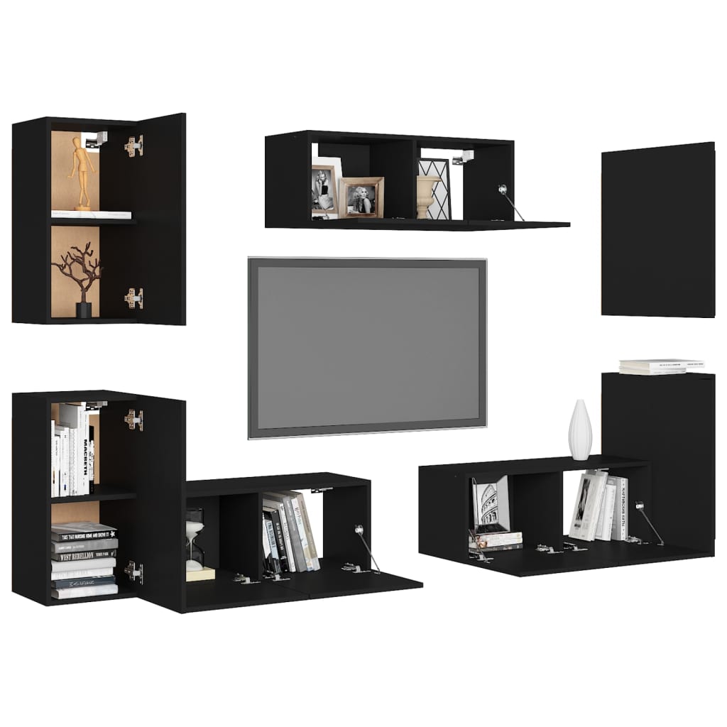 vidaXL Set de muebles de salón TV 7 piezas madera ingeniería negro