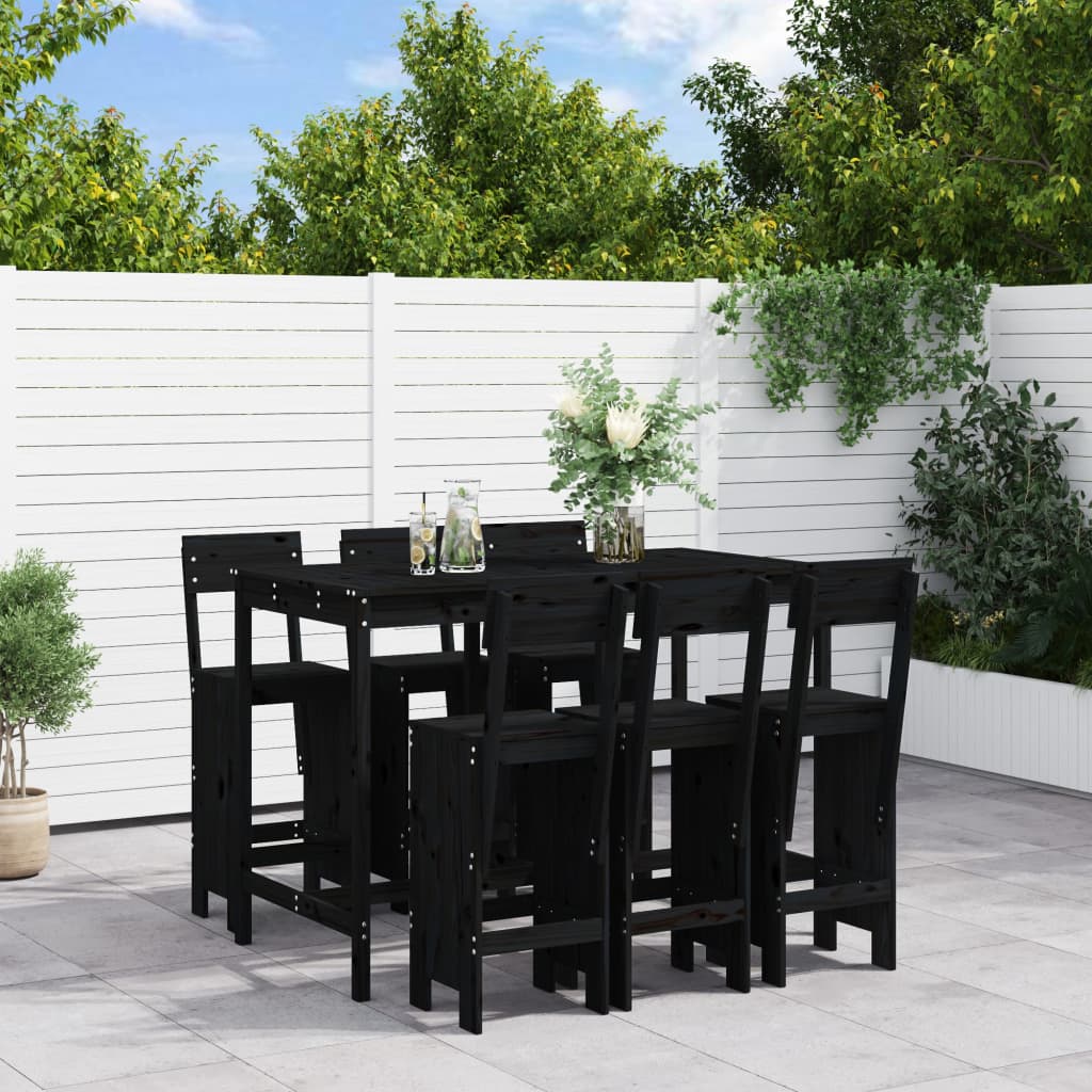 vidaXL Set de mesa y taburetes altos jardín 7 piezas madera pino negro