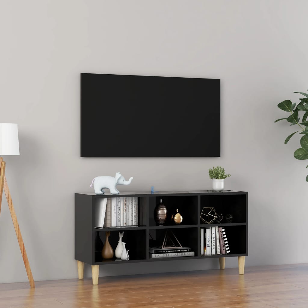 vidaXL Mueble de TV patas de madera maciza negro brillo 103,5x30x50 cm