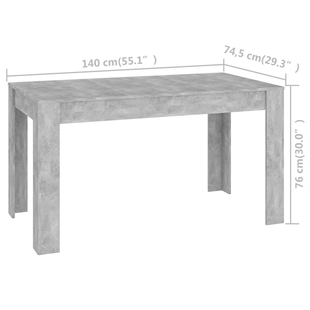 vidaXL Mesa de comedor contrachapada gris hormigón 140x74,5x76 cm