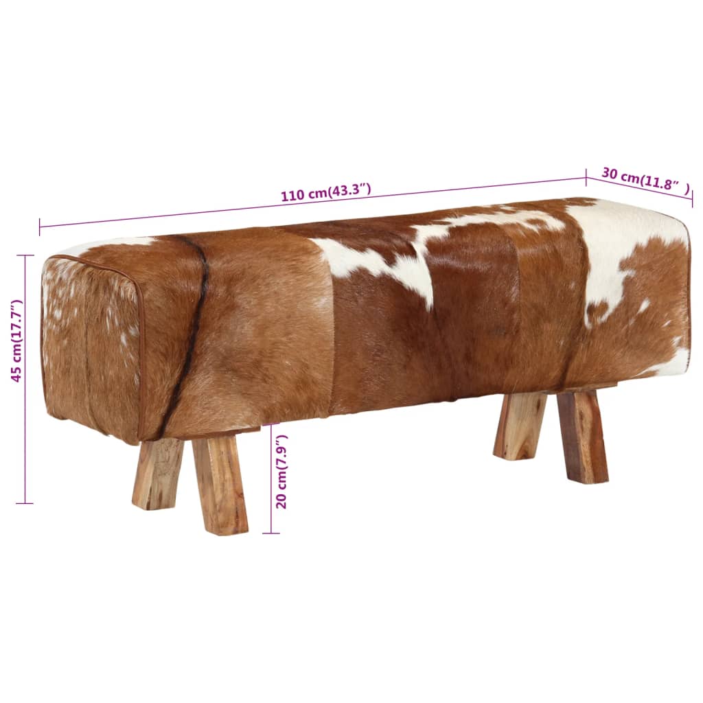 vidaXL Banco de cuero de cabra auténtico marrón y blanco 110x30x45 cm