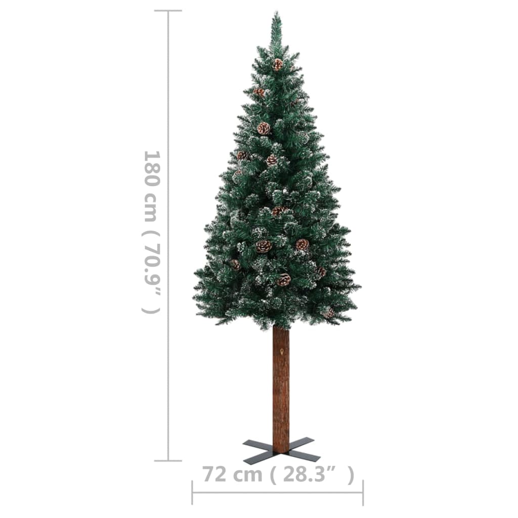 vidaXL Árbol de Navidad delgado madera auténtica y nieve verde 180 cm